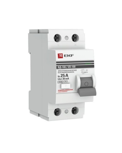 УЗО ВД-100 2P 25А 30мА тип AC эл-мех  PROxima (elcb-2-25-30-em-pro). Выключатель дифференциального тока (УЗО). EKF в Череповце