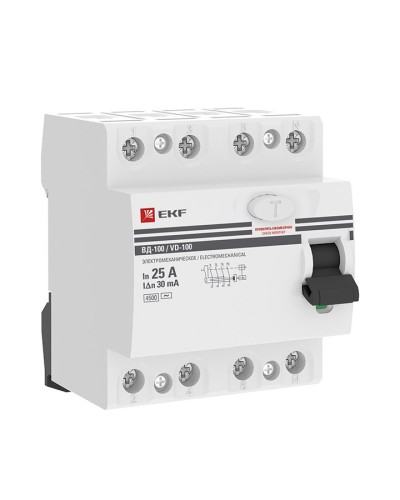 УЗО ВД-100 4P 25А 30мА тип AC эл-мех  PROxima (elcb-4-25-30-em-pro). Выключатель дифференциального тока (УЗО). EKF в Череповце