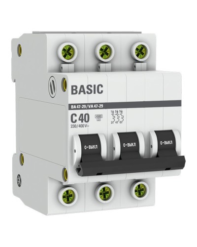 Автоматический выключатель 3P 40А (C) 4,5кА ВА 47-29 Basic (mcb4729-3-40C). Автоматический выключатель. EKF в Череповце
