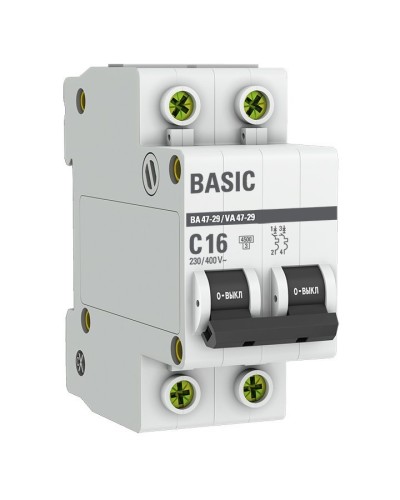 Автоматический выключатель 2P 16А (C) 4,5кА ВА 47-29 Basic (mcb4729-2-16C). Автоматический выключатель. EKF в Череповце