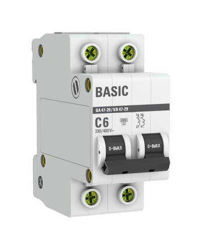 Автоматический выключатель 2P 6А (C) 4,5кА ВА 47-29 Basic (mcb4729-2-06C). Автоматический выключатель. EKF в Череповце
