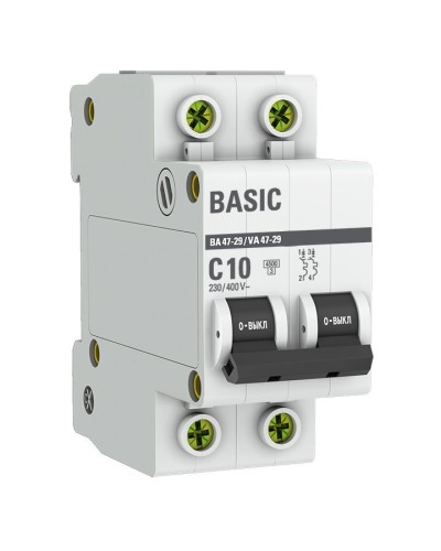 Автоматический выключатель 2P 10А (C) 4,5кА ВА 47-29 Basic (mcb4729-2-10C). Автоматический выключатель. EKF в Череповце
