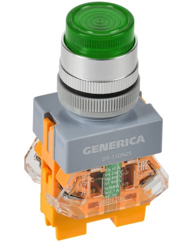 Кнопка D7-11DNZS d=22мм зеленая GENERICA (BBT50-11DNZS-3-11-K06-G). Кнопка управления с подсветкой и фиксацией. IEK в Череповце