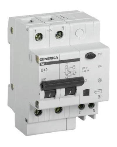 GENERICA АД12 2Р 40А 30мА (MAD15-2-040-C-030). Автоматический выключатель дифференциального тока. IEK в Череповце