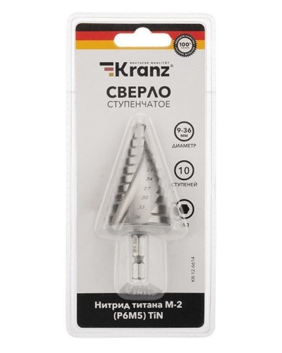 Сверло по металлу ступенчатое ТИТАН 9,0-36,0 мм 110 mm 65 HRC Р6М5 TiN Kranz (KR-12-6614): Сверло по металлу шлифованное в Череповце