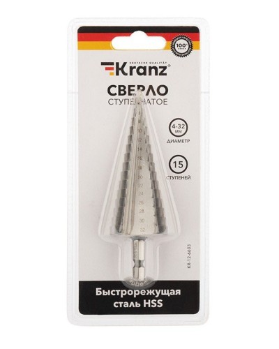 Сверло по металлу ступенчатое 4,0-32,0 мм 102 mm 62 HRC Kranz (KR-12-6603): Сверло по металлу шлифованное в Череповце